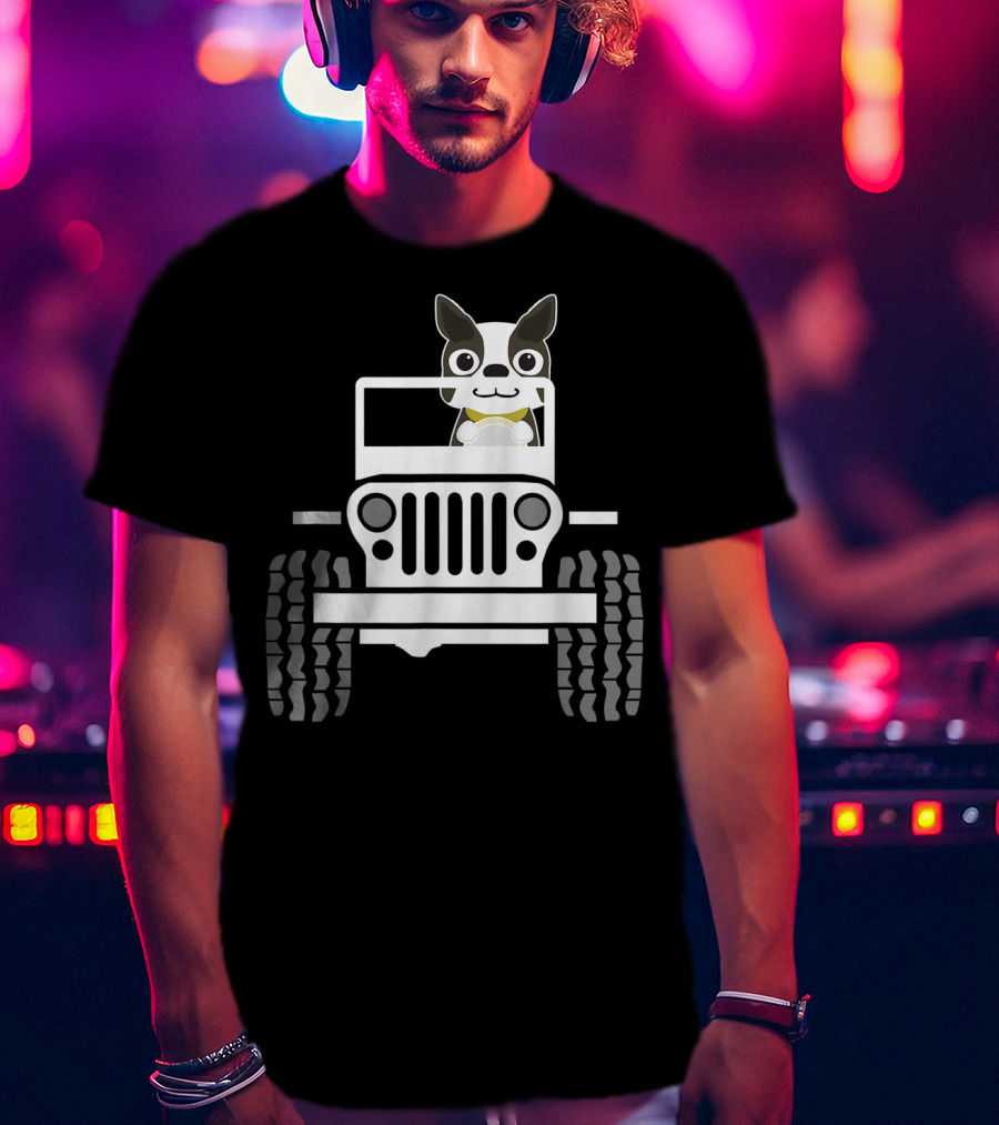 Funny Boston Terrier Dog In Jeep Dad T-Shirt