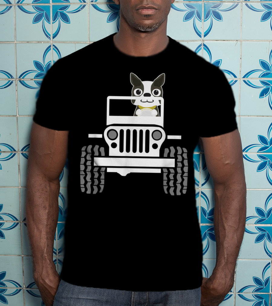 Funny Boston Terrier Dog In Jeep Dad T-Shirt