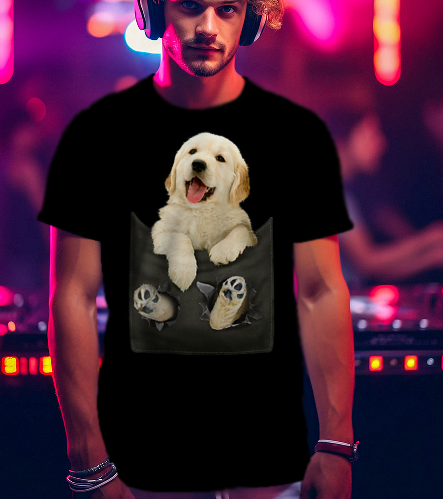 Golden Retriever Puppy Peeking From Pocket T-Shirt
