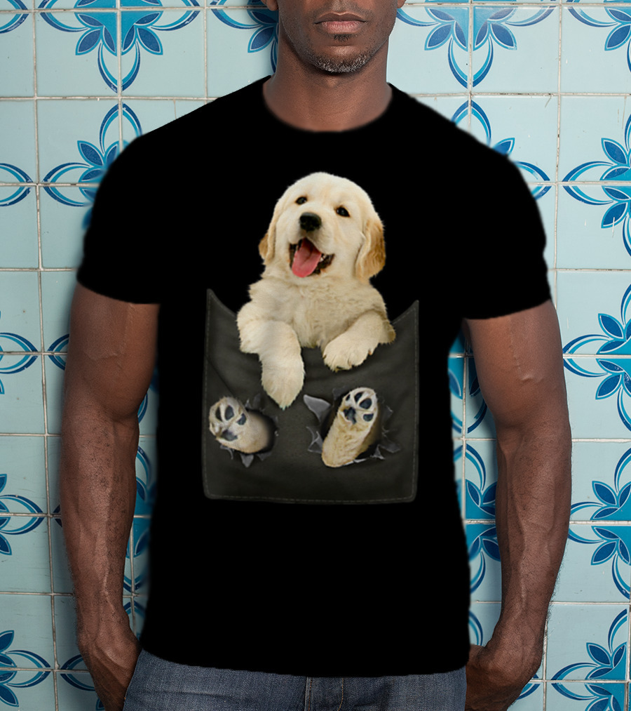 Golden Retriever Puppy Peeking From Pocket T-Shirt