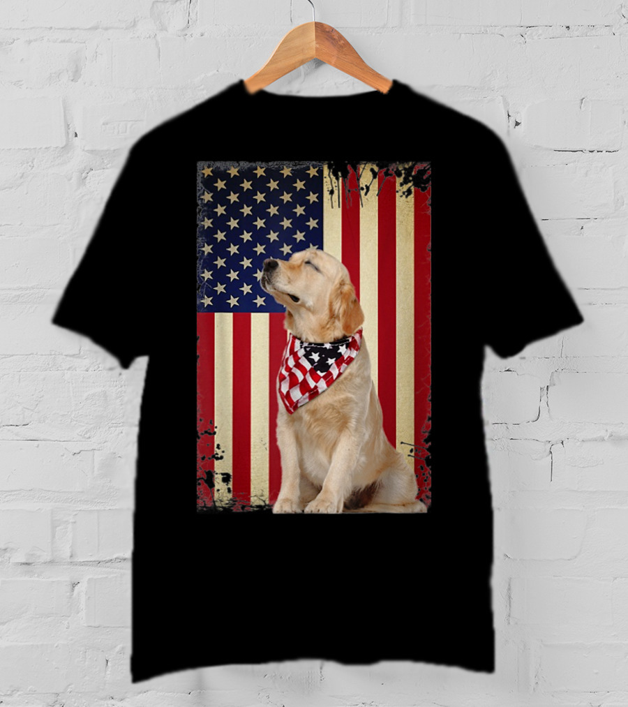 Golden Retriever Smiling American Flag Bandana T-Shirt