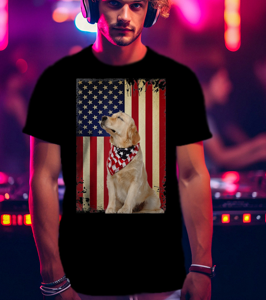 Golden Retriever Smiling American Flag Bandana T-Shirt