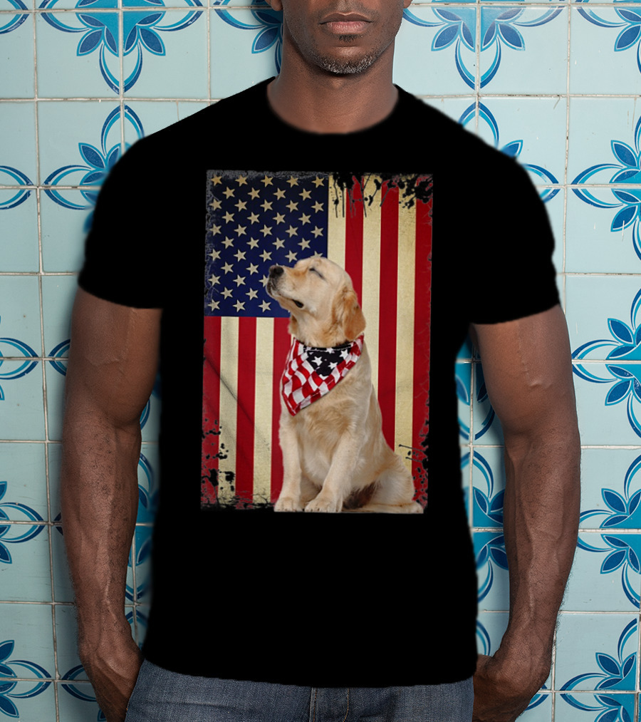 Golden Retriever Smiling American Flag Bandana T-Shirt