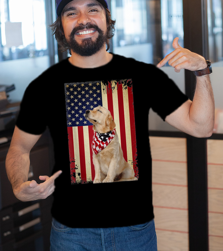 Golden Retriever Smiling American Flag Bandana T-Shirt