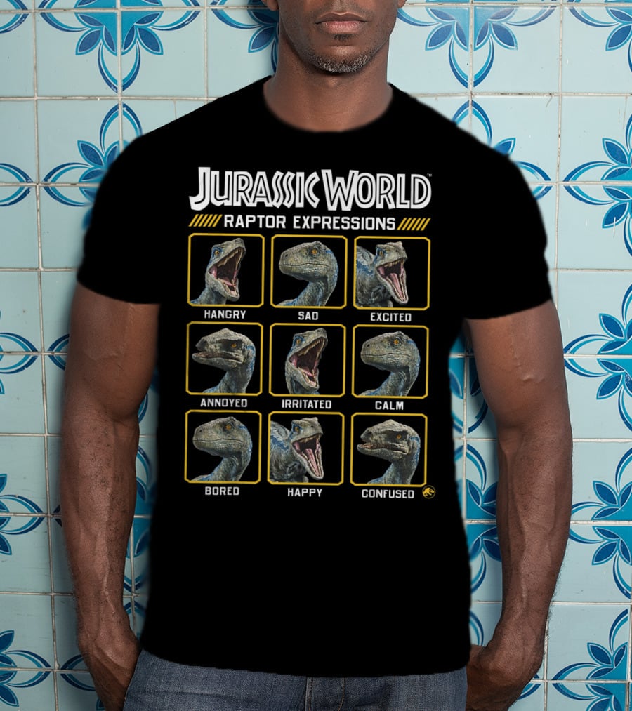 Jurassic World Raptor Expressions Hangry Sad Excited Annoyed Irritated Calm Bored Happy Confused T-Shirt