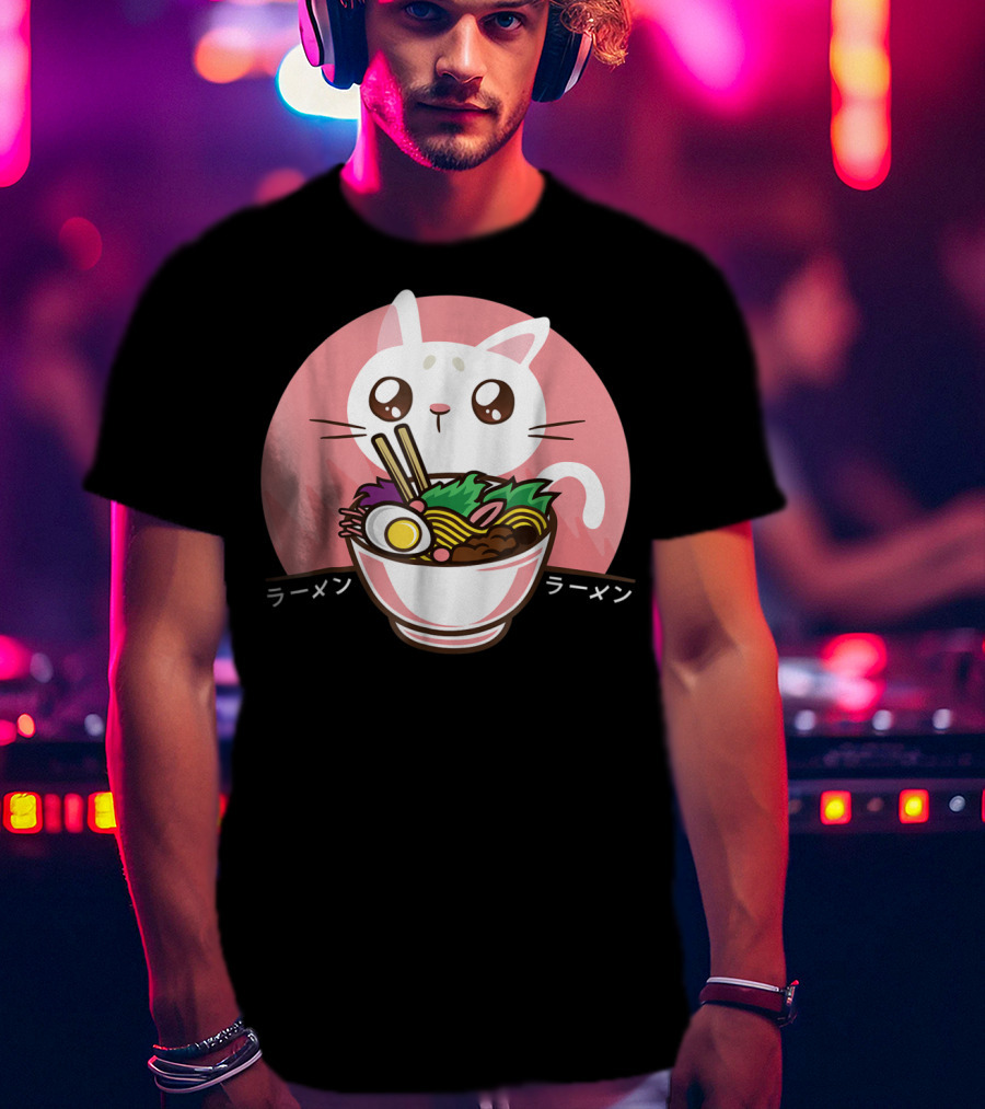 Kawaii Japanese Ramen Noodles Anime Cat Love T-Shirt