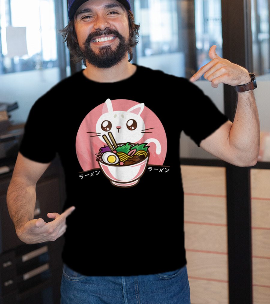 Kawaii Japanese Ramen Noodles Anime Cat Love T-Shirt