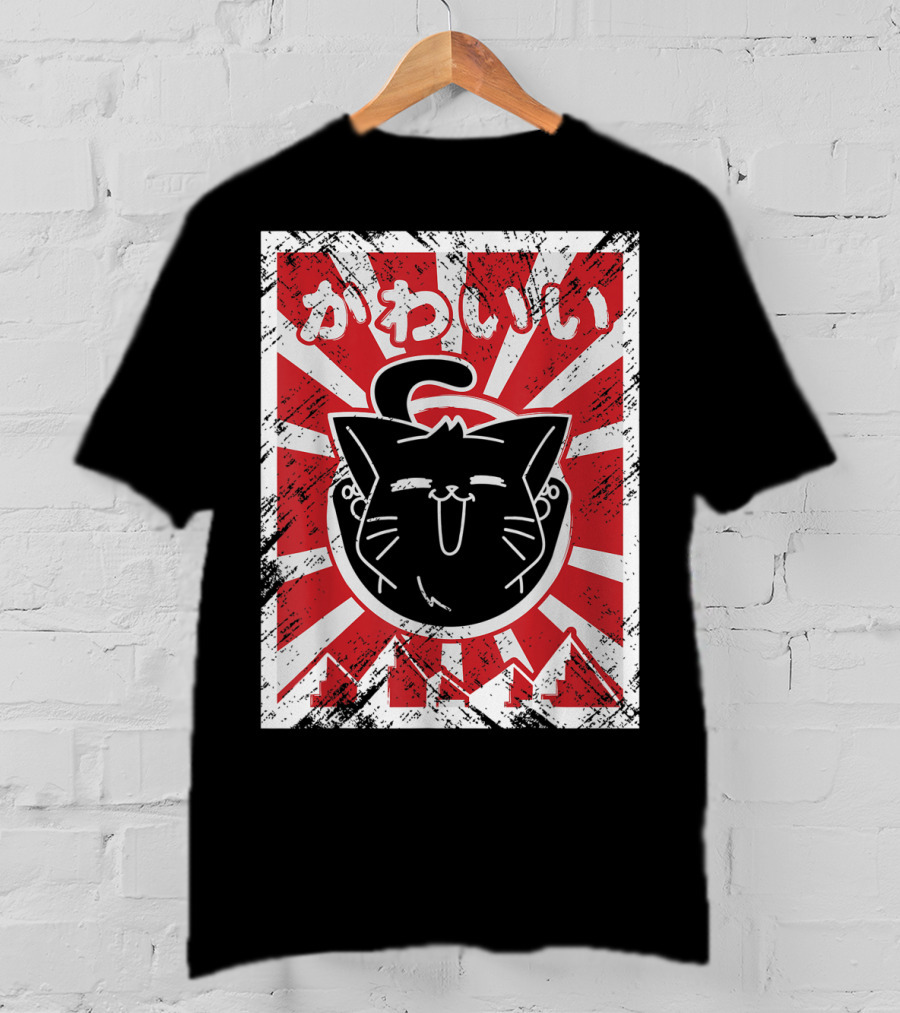 Kawaii Anime Cute Japanese Cat With Red Rising Sun Background T-Shirt