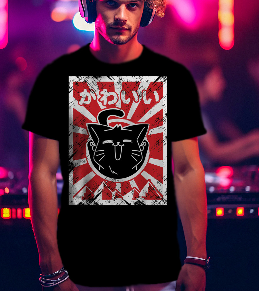 Kawaii Anime Cute Japanese Cat With Red Rising Sun Background T-Shirt