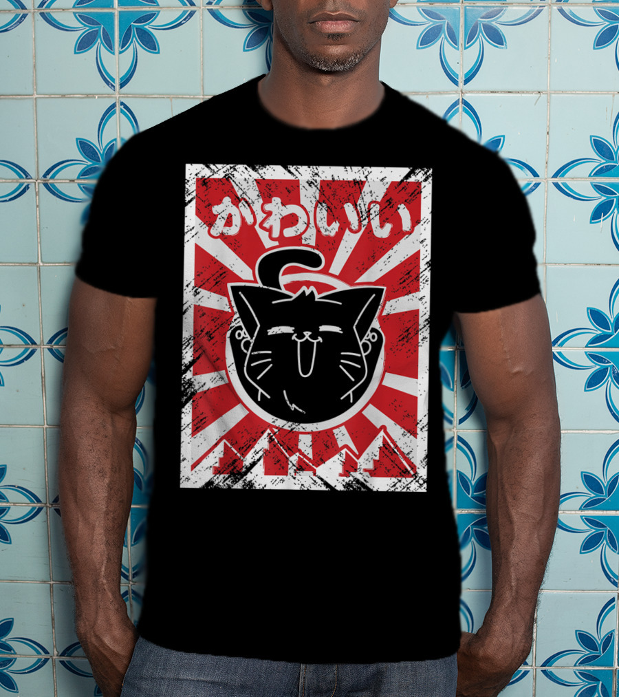 Kawaii Anime Cute Japanese Cat With Red Rising Sun Background T-Shirt