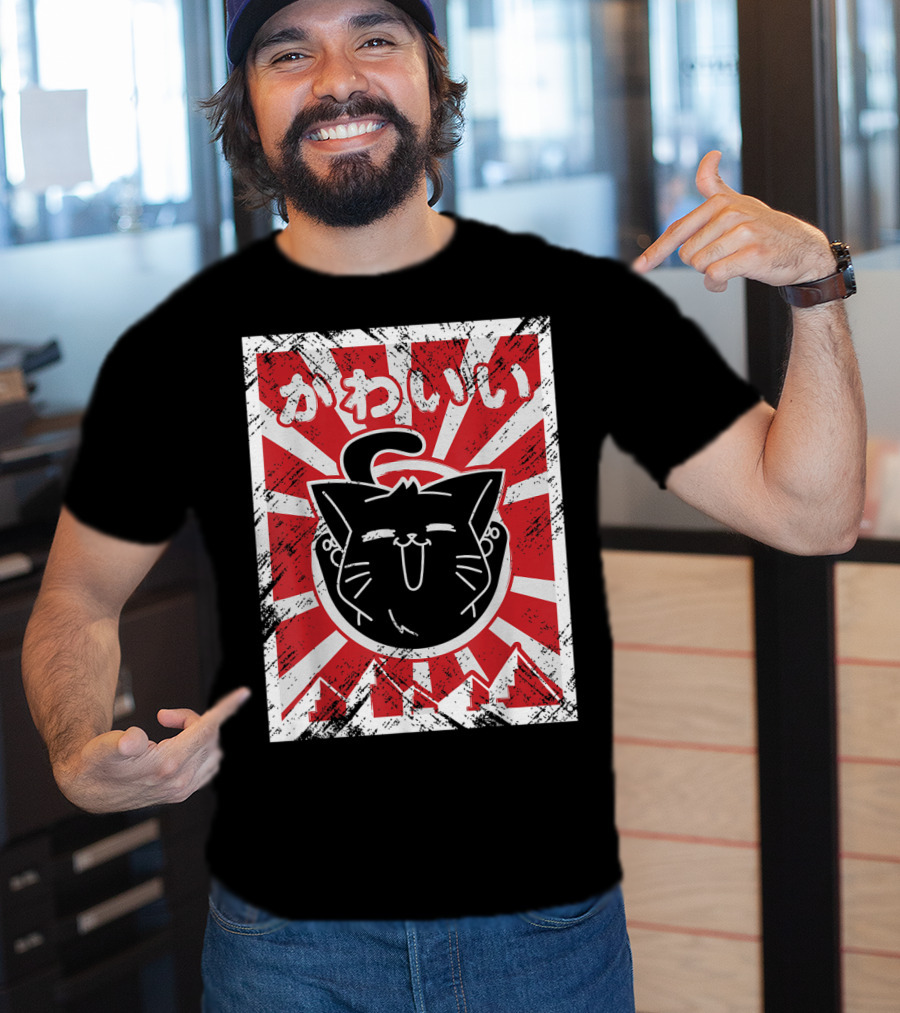 Kawaii Anime Cute Japanese Cat With Red Rising Sun Background T-Shirt