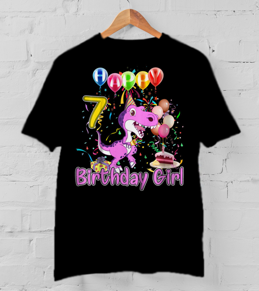 Happy 7 Birthday Girl Dinosaur Party Balloons Cake T-Shirt