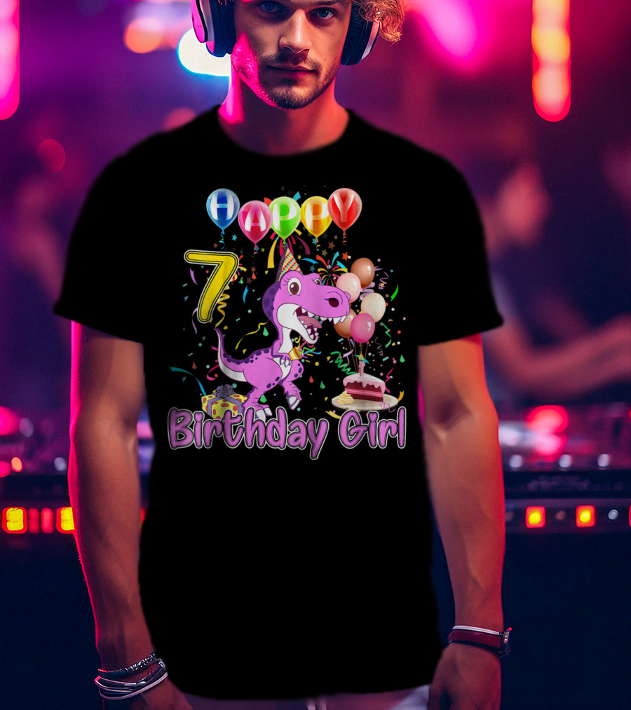 Happy 7 Birthday Girl Dinosaur Party Balloons Cake T-Shirt