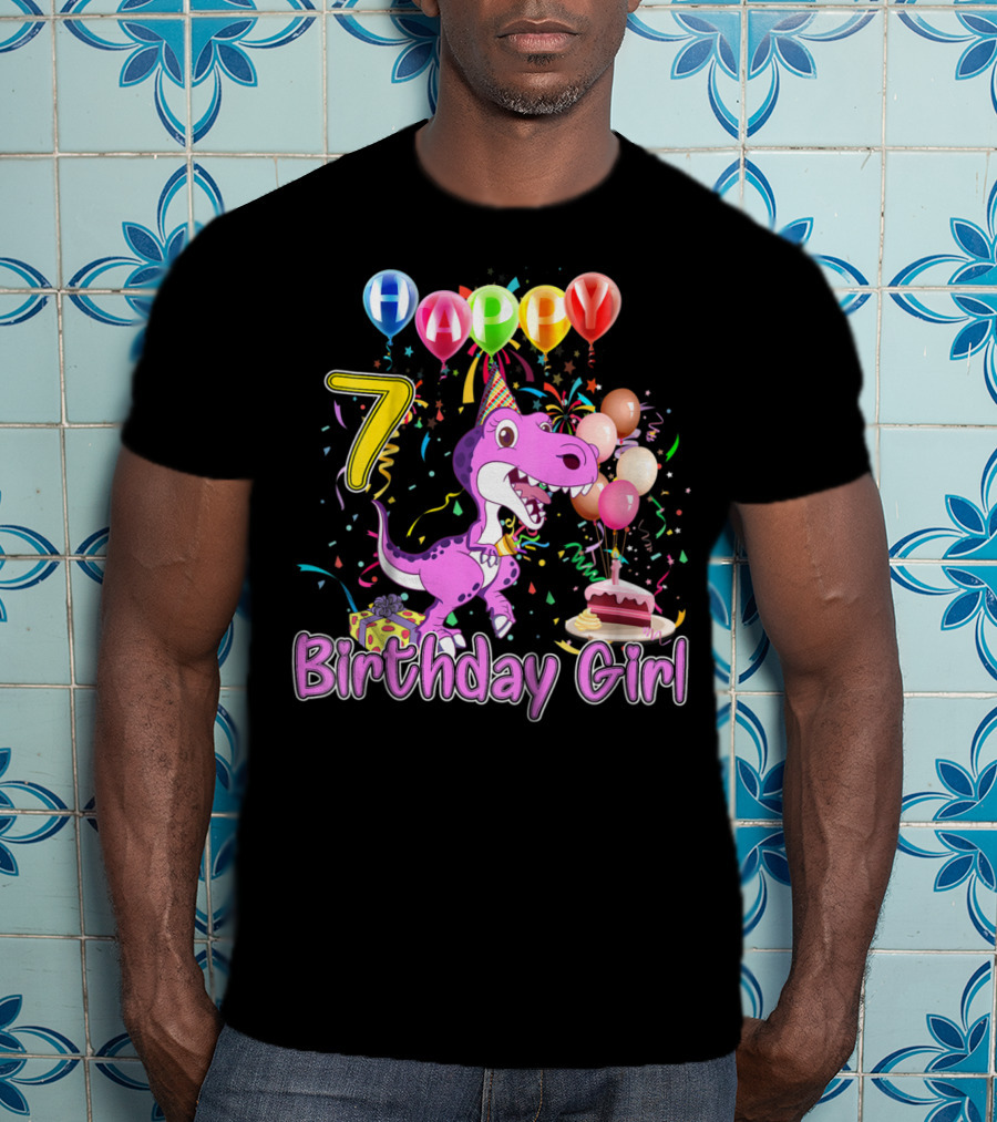 Happy 7 Birthday Girl Dinosaur Party Balloons Cake T-Shirt