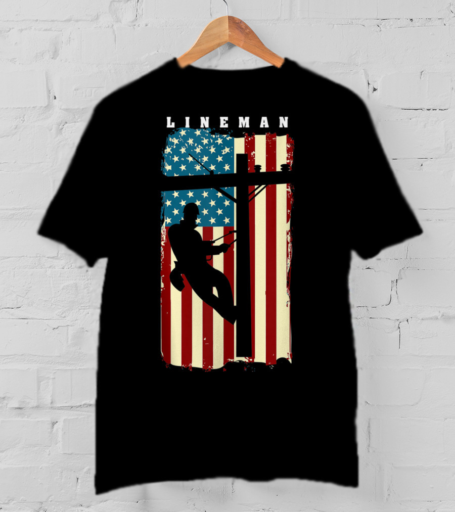 Lineman Silhouette Against American Flag Background With Electric Cable Pole T-Shirt