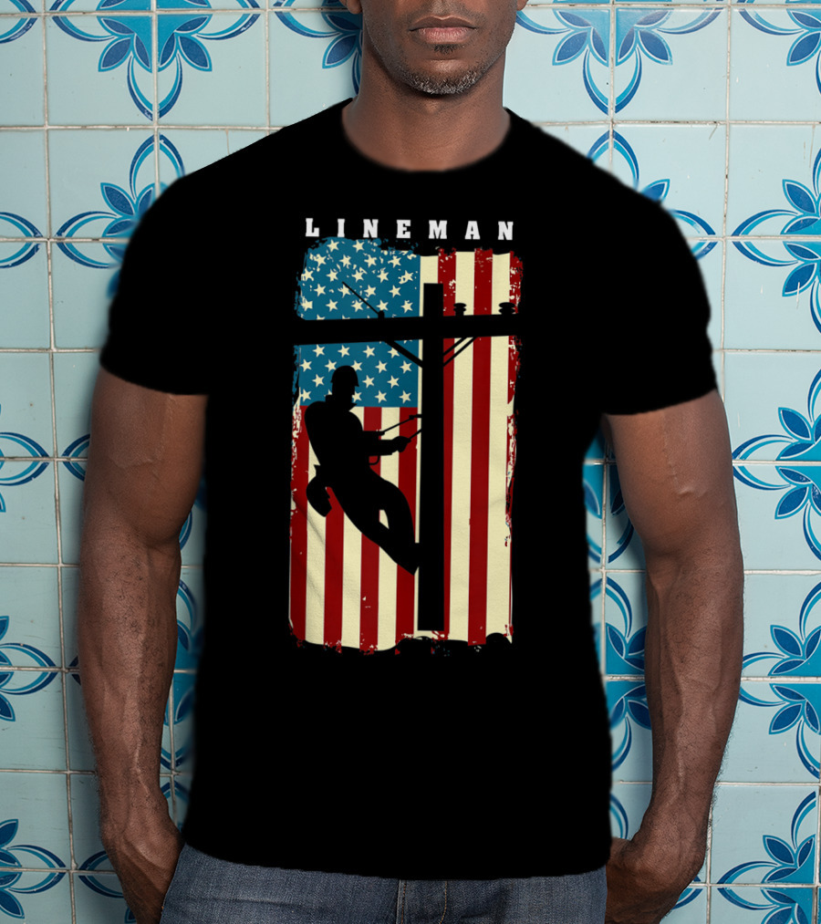 Lineman Silhouette Against American Flag Background With Electric Cable Pole T-Shirt