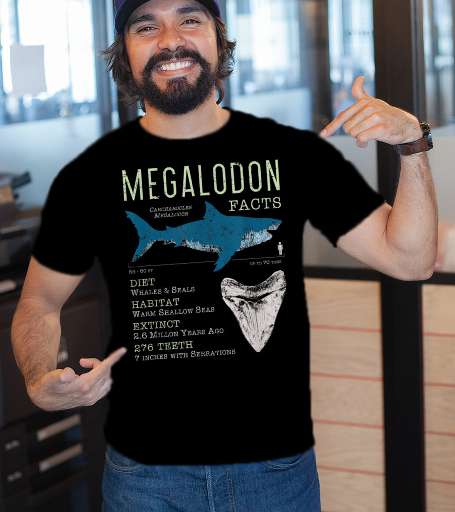 Megalodon Facts Funny Shark Lover Carcharocles Megalodon Diet Habitat Extinct 276 Teeth T-Shirt