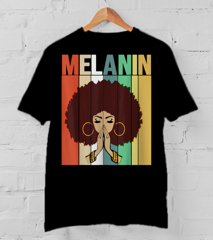 Melanin Vintage Black Afro Woman Prayer Hands Golden Hoop Earrings T-Shirt