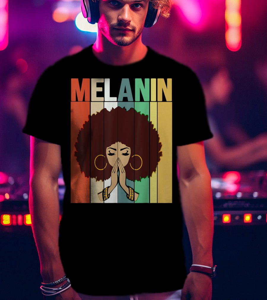 Melanin Vintage Black Afro Woman Prayer Hands Golden Hoop Earrings T-Shirt