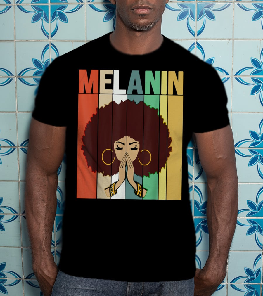 Melanin Vintage Black Afro Woman Prayer Hands Golden Hoop Earrings T-Shirt