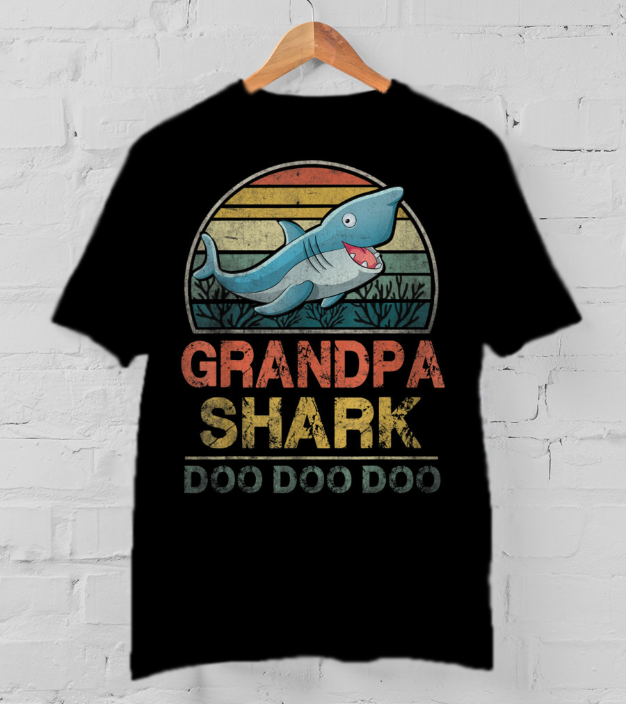 Grandpa Shark Doo Doo Doo Father's Day Retro Sunset Ocean T-Shirt