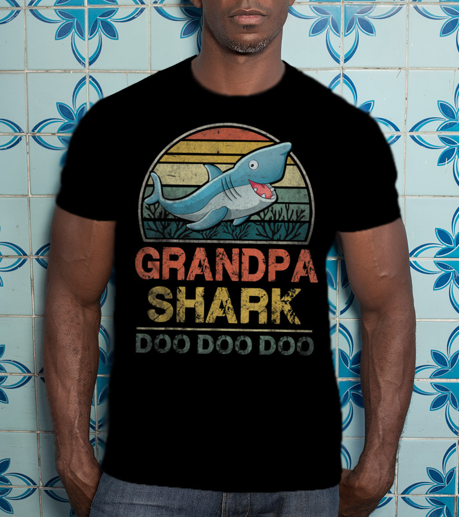 Grandpa Shark Doo Doo Doo Father's Day Retro Sunset Ocean T-Shirt