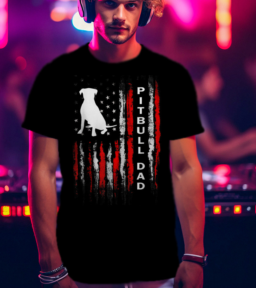 Mens Pitbull Dad American Flag Bully Dog T-Shirt