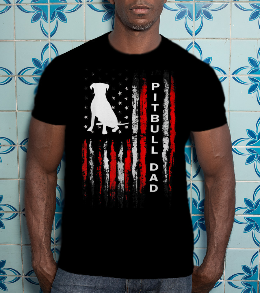 Mens Pitbull Dad American Flag Bully Dog T-Shirt