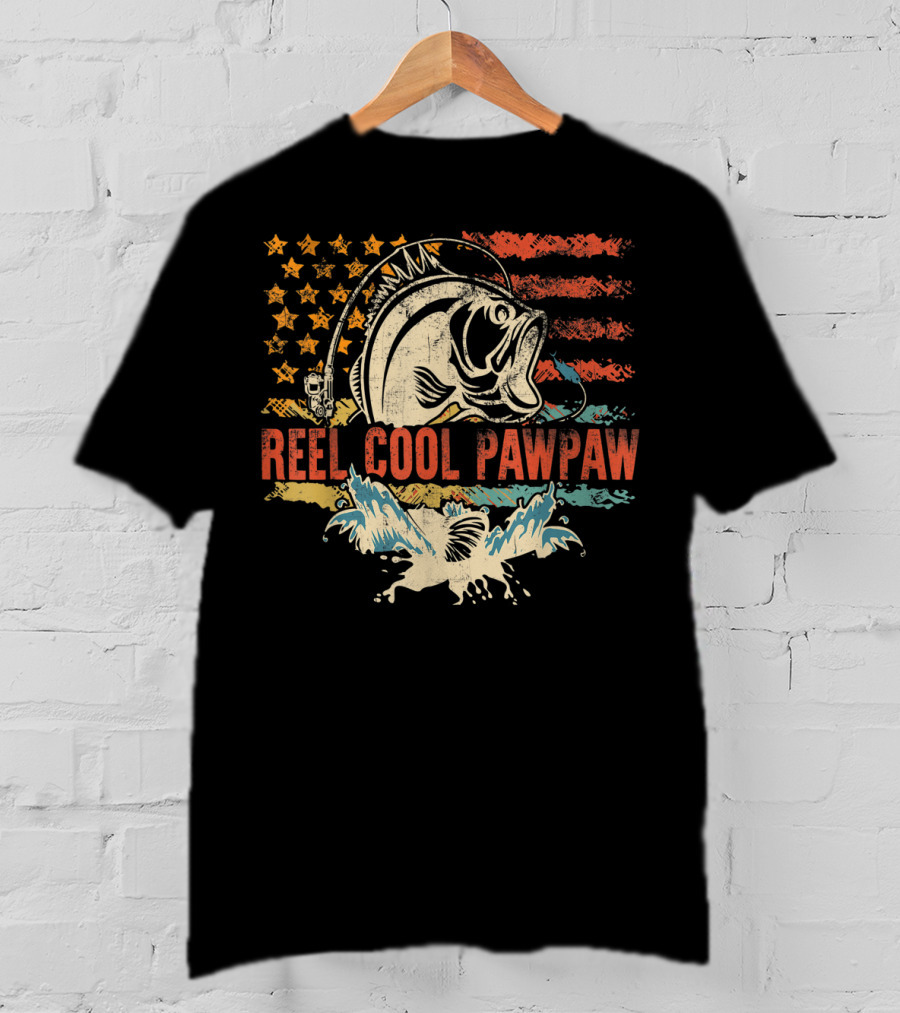 Reel Cool PawPaw Funny Fishing American Flag Bass T-Shirt