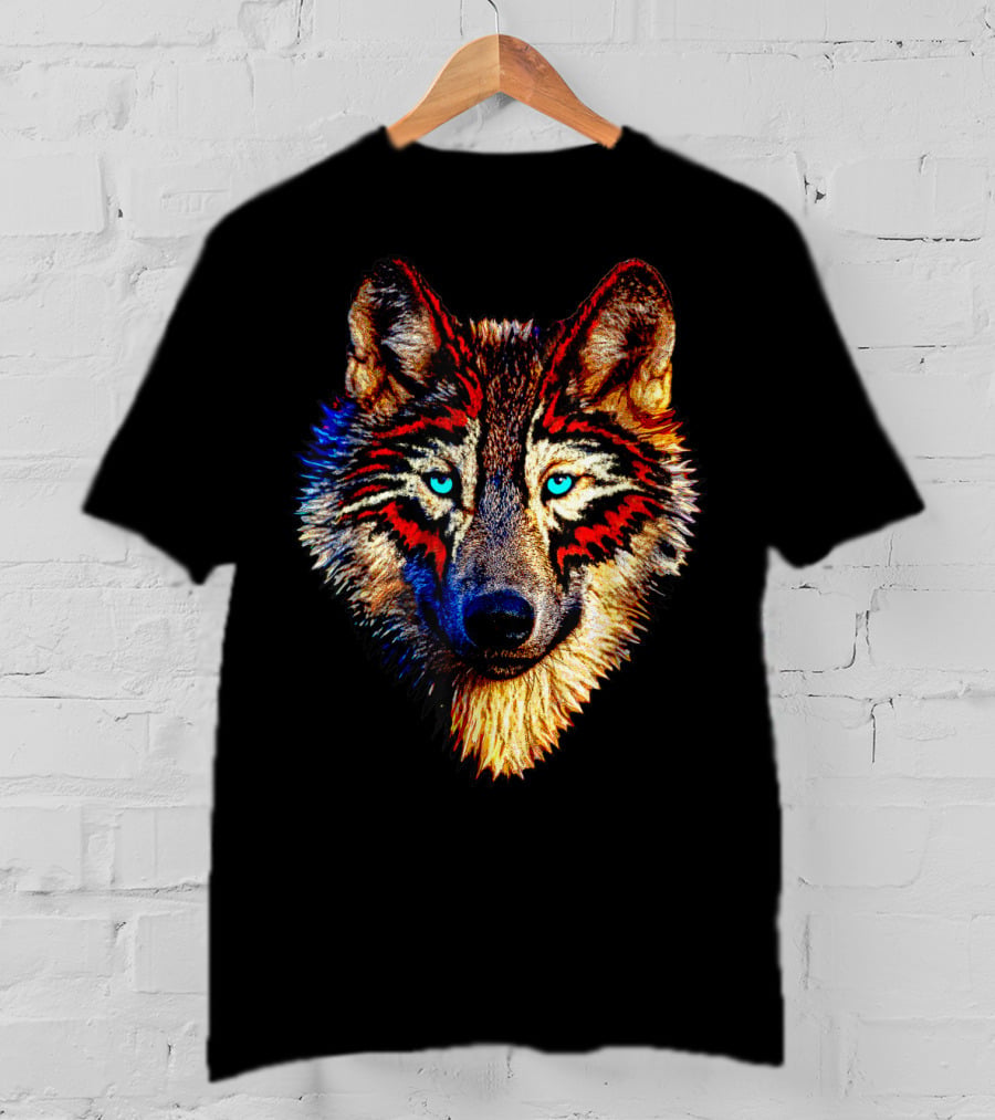 Mens Womens Kids Native American Timber Wolf Cool Bright Colorful Wolf Face T-Shirt