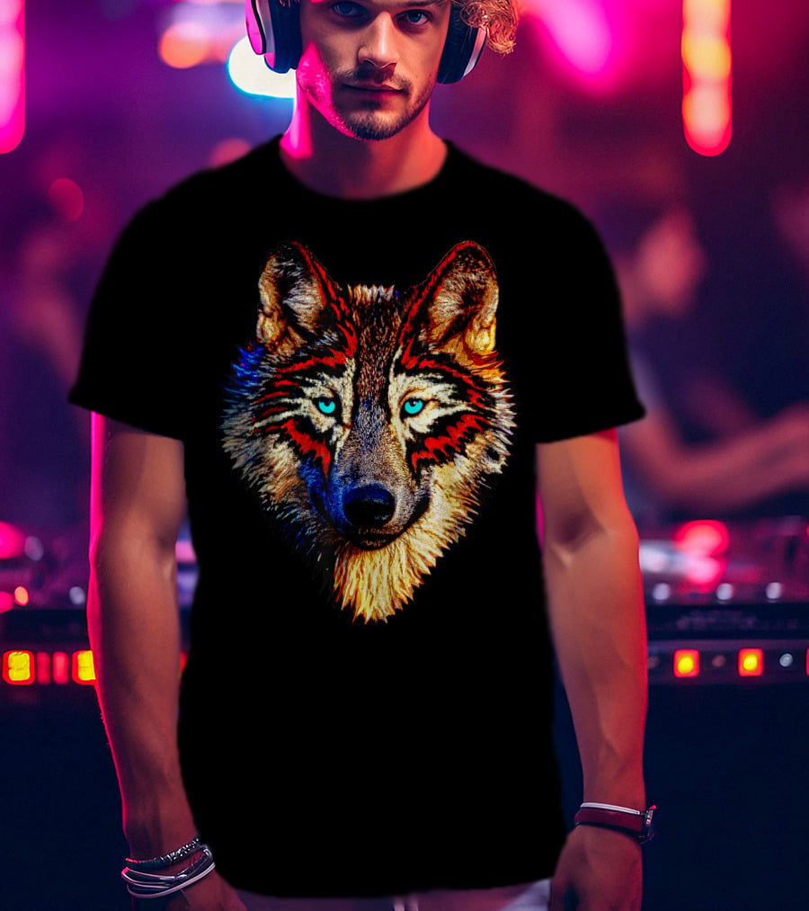 Mens Womens Kids Native American Timber Wolf Cool Bright Colorful Wolf Face T-Shirt