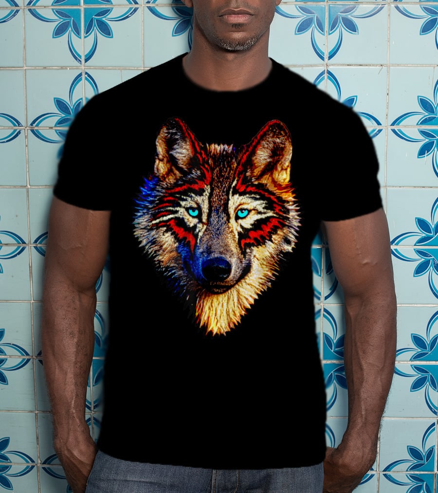 Mens Womens Kids Native American Timber Wolf Cool Bright Colorful Wolf Face T-Shirt
