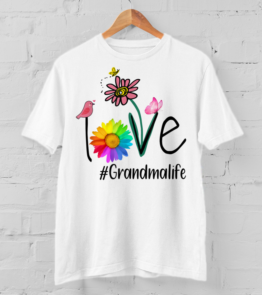 Love #Grandmalife Rainbow Heart Floral Bird Butterfly T-Shirt