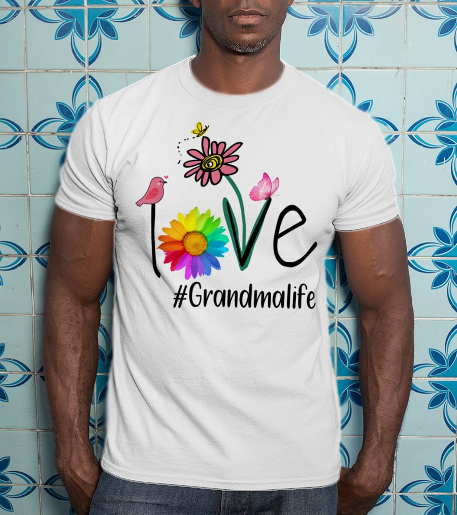 Love #Grandmalife Rainbow Heart Floral Bird Butterfly T-Shirt