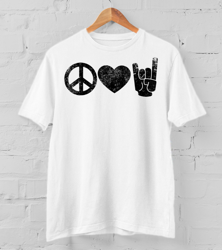Peace Love Rock And Roll Icons Symbolizing Harmony Affection And Music Enthusiast Gesture T-Shirt