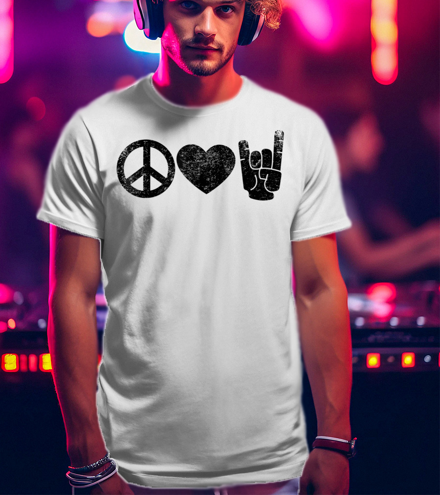 Peace Love Rock And Roll Icons Symbolizing Harmony Affection And Music Enthusiast Gesture T-Shirt