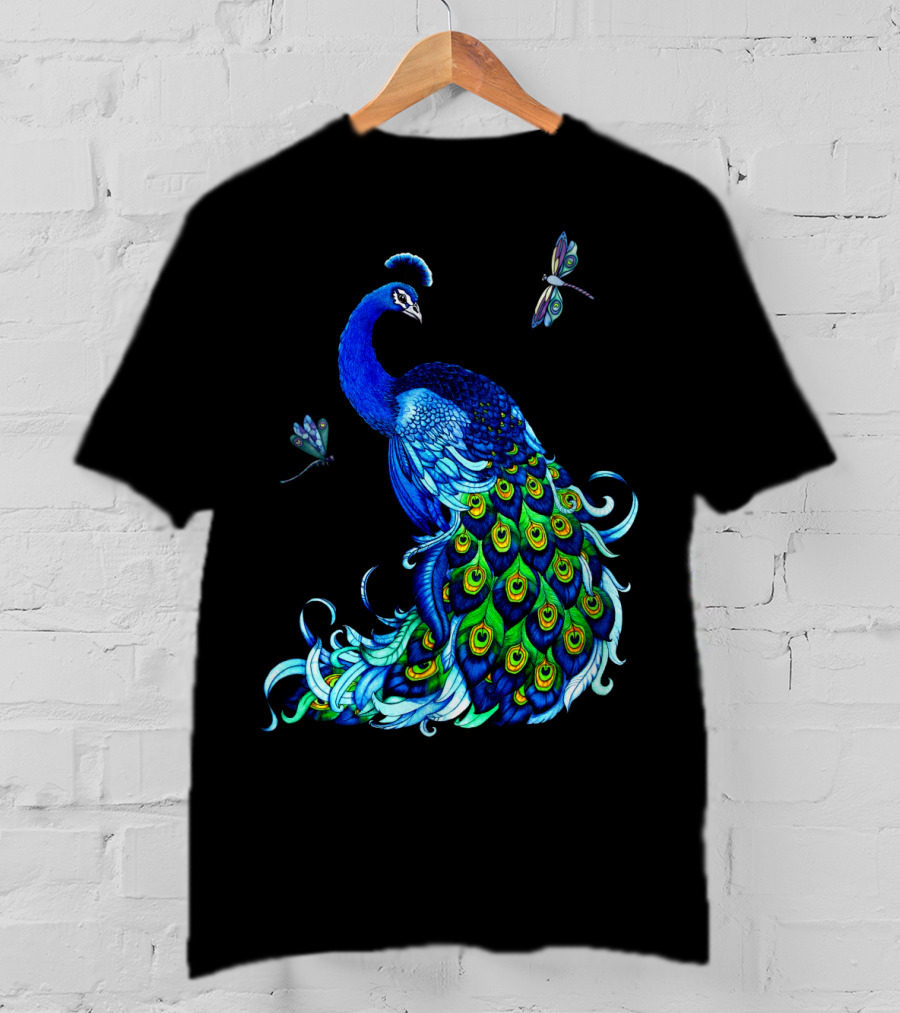 Peacock Elegance With Vibrant Dragonflies T-Shirt