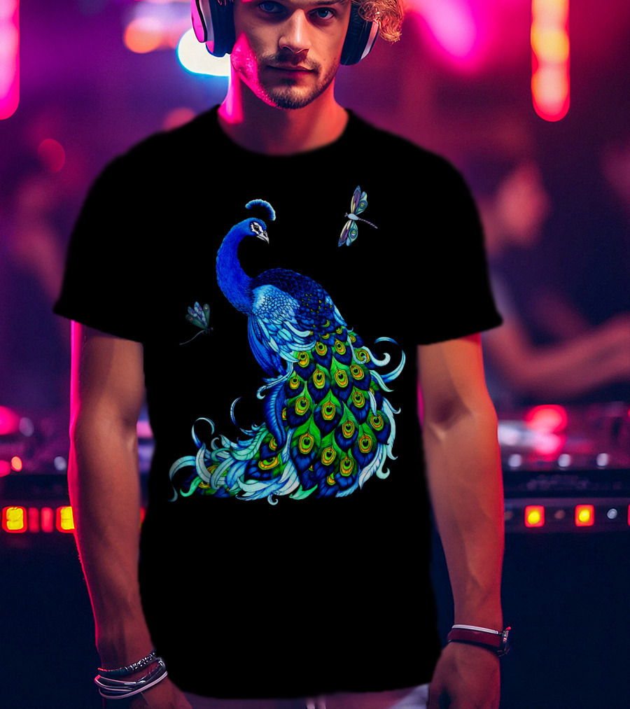 Peacock Elegance With Vibrant Dragonflies T-Shirt