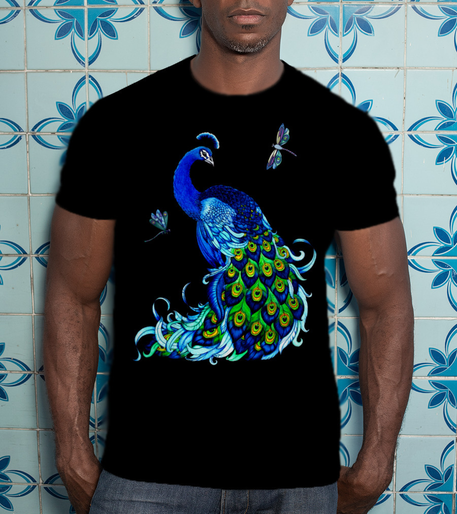 Peacock Elegance With Vibrant Dragonflies T-Shirt