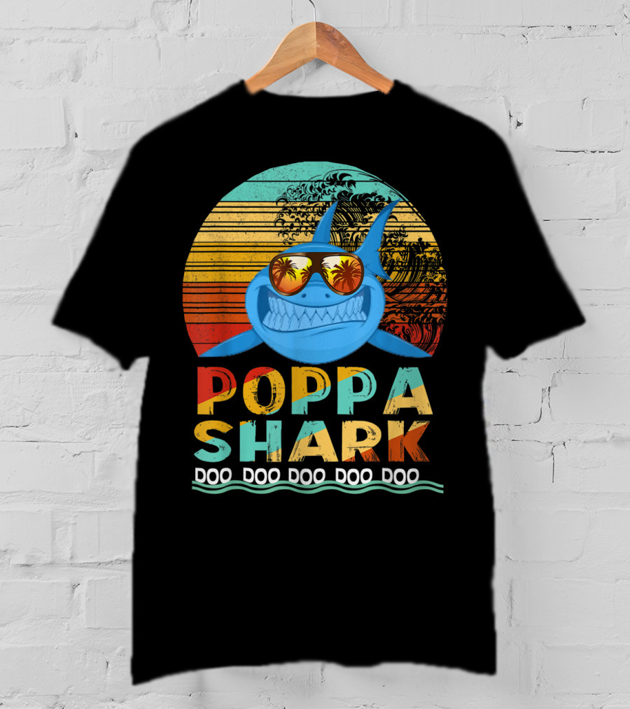 Poppa Shark Doo Doo Doo Doo Doo Retro Sunset Palm Trees Sunglasses T-Shirt