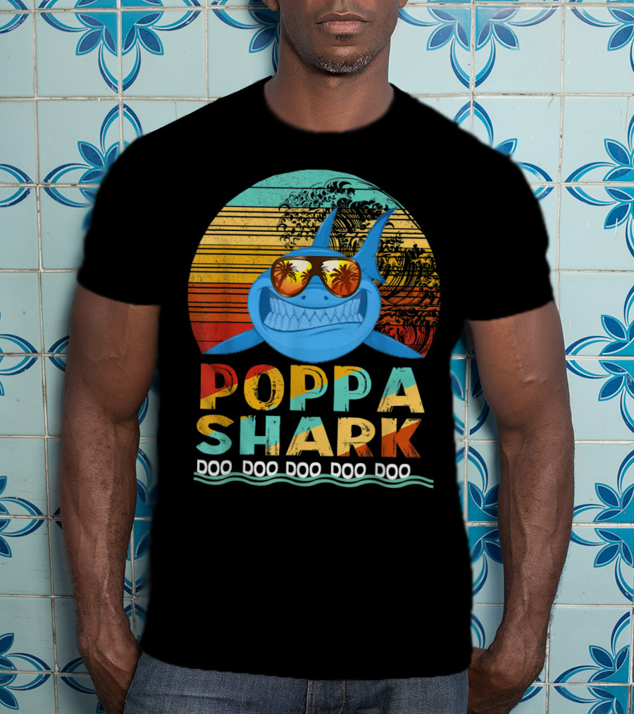 Poppa Shark Doo Doo Doo Doo Doo Retro Sunset Palm Trees Sunglasses T-Shirt