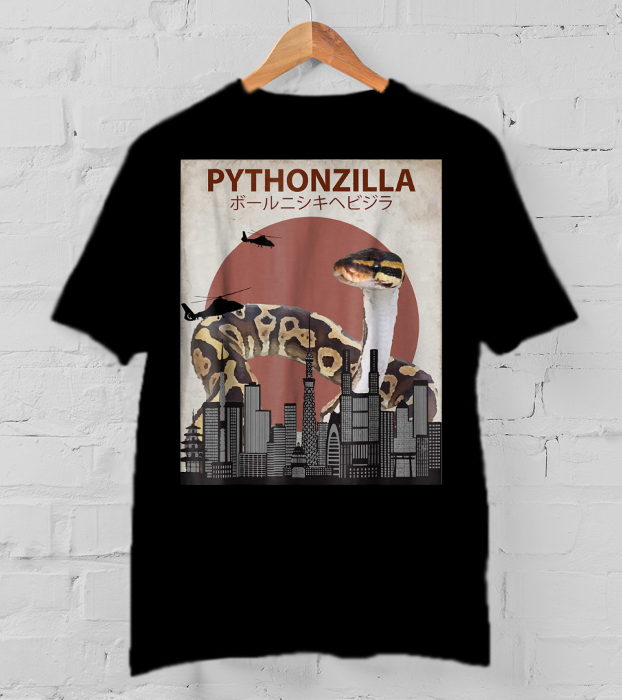 Pythonzilla Ball Python Funny Snake Skyline Helicopter Japanese Text T-Shirt