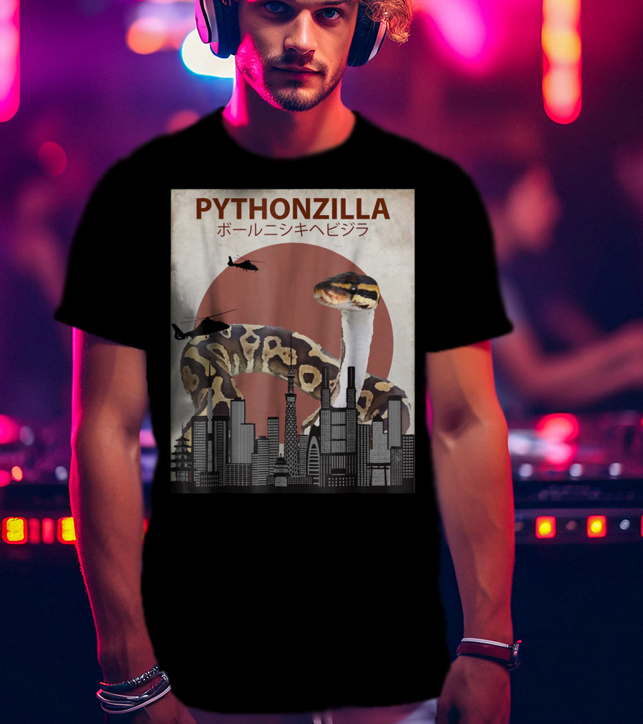 Pythonzilla Ball Python Funny Snake Skyline Helicopter Japanese Text T-Shirt