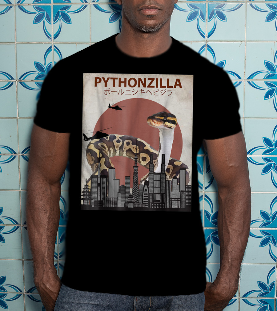 Pythonzilla Ball Python Funny Snake Skyline Helicopter Japanese Text T-Shirt