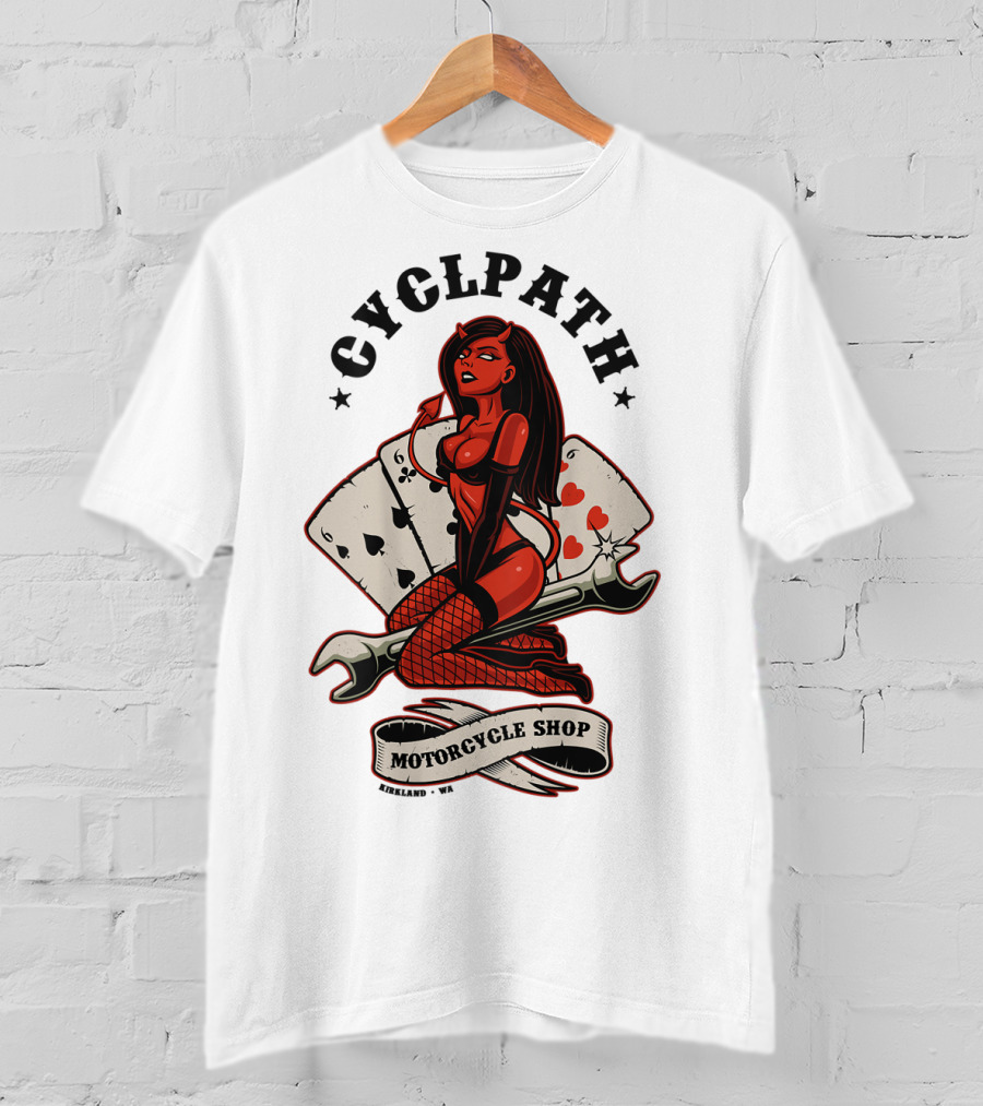 Cyclpath Red She Devil Motorcycle Shop Kirkland Poker Cards T-Shirt