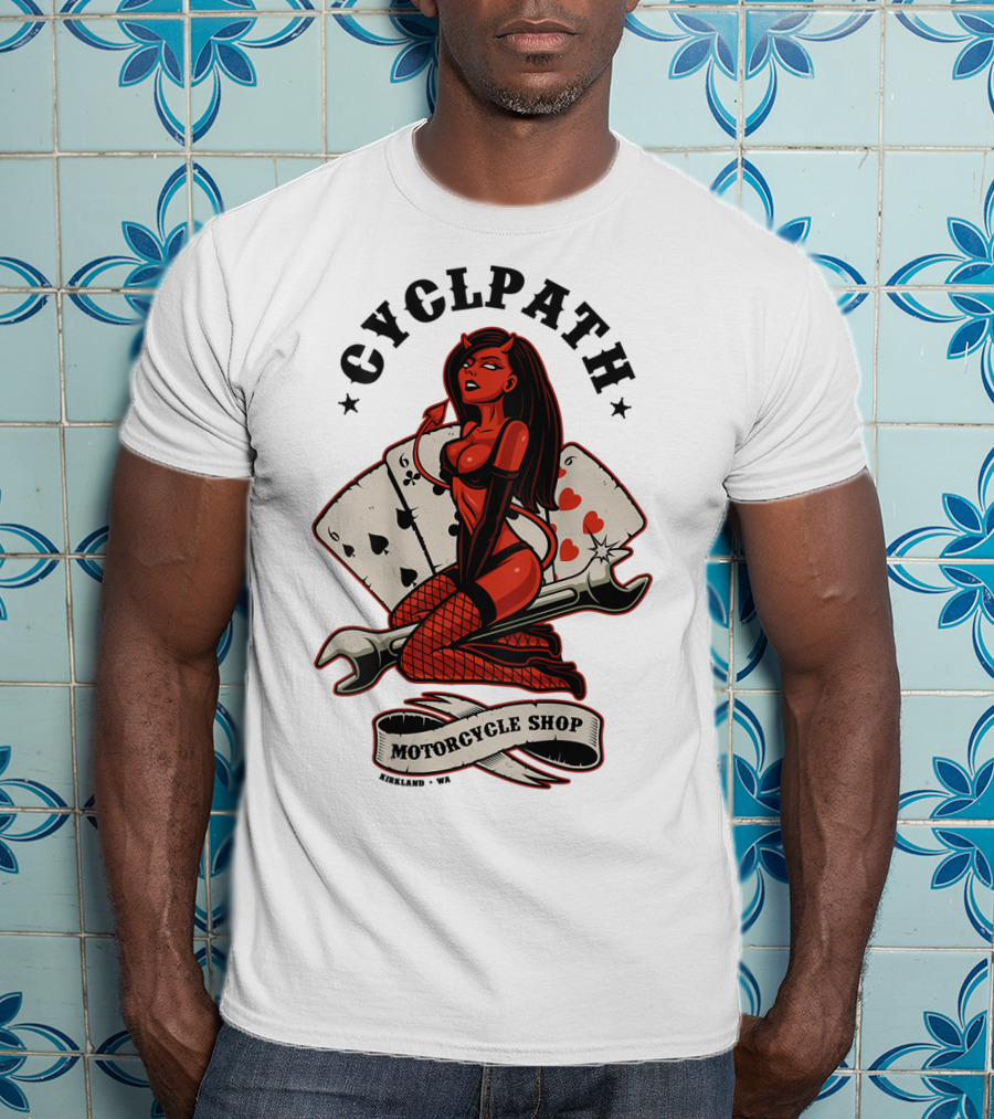 Cyclpath Red She Devil Motorcycle Shop Kirkland Poker Cards T-Shirt