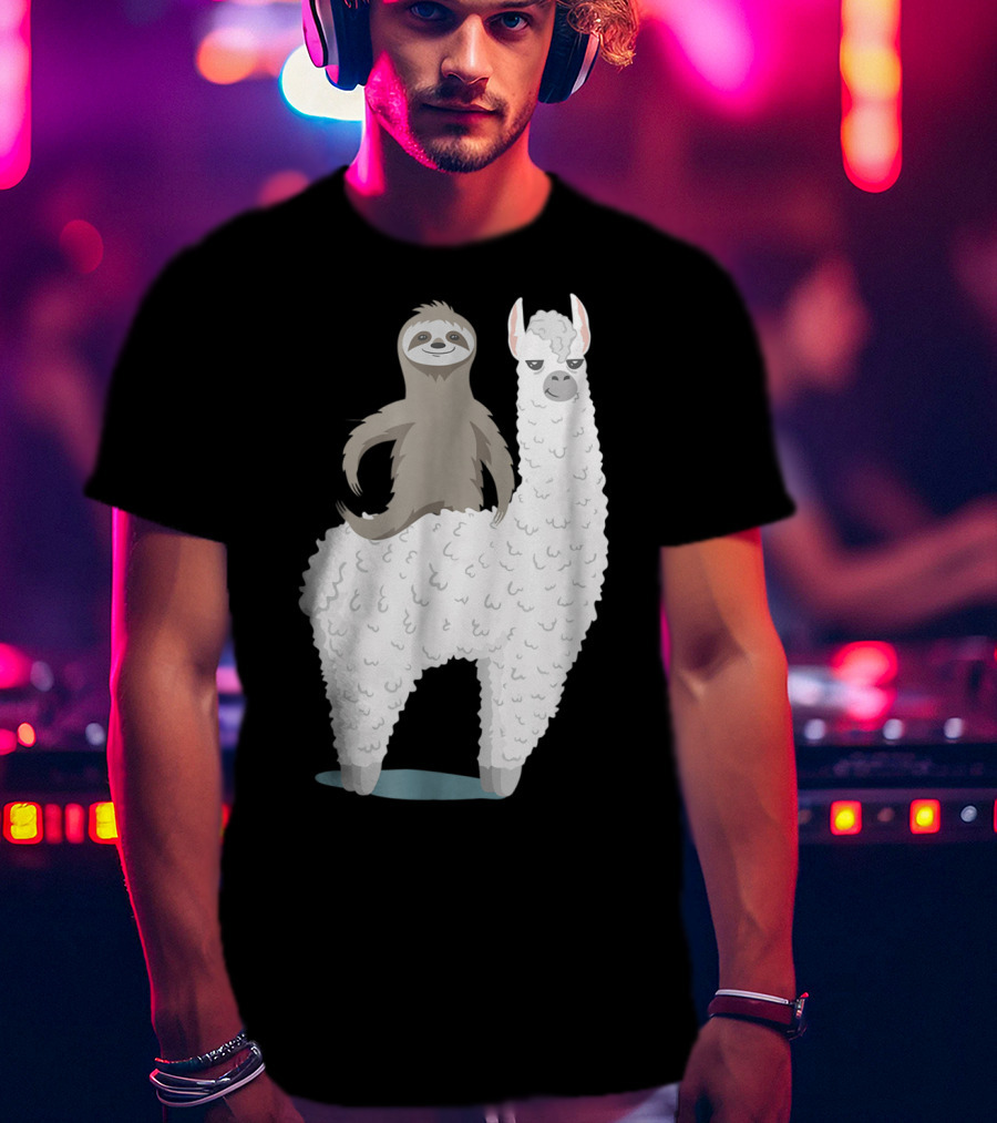 Sloth Joyfully Riding A White Llama T-Shirt