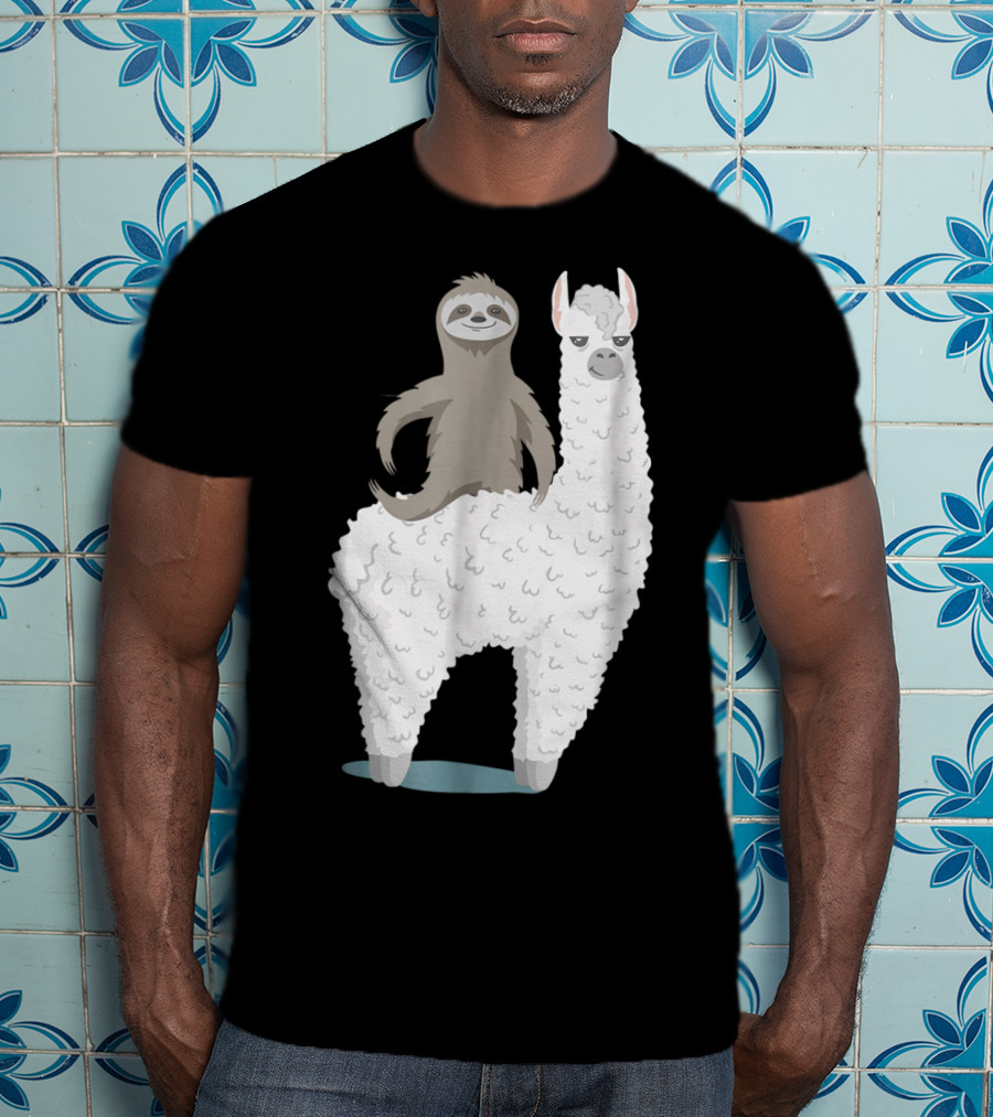Sloth Joyfully Riding A White Llama T-Shirt