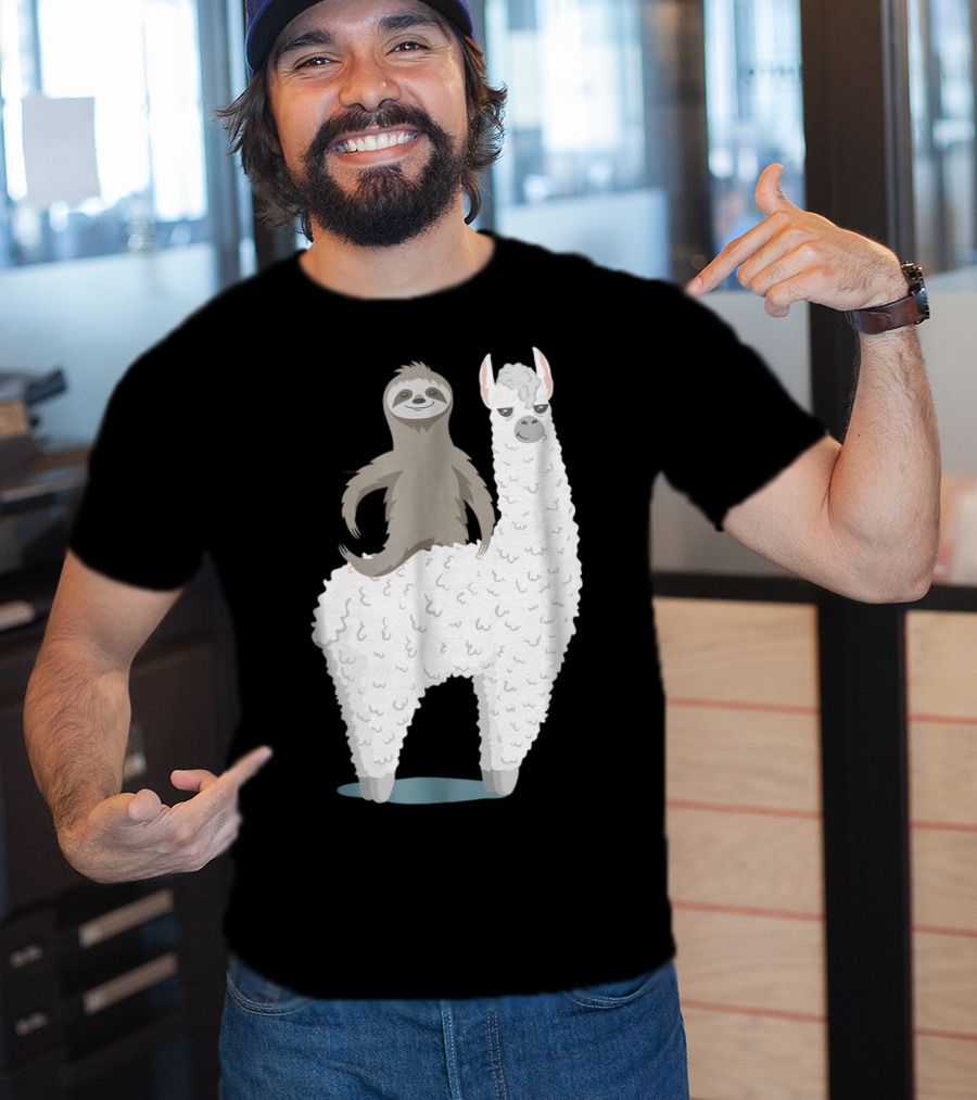 Sloth Joyfully Riding A White Llama T-Shirt