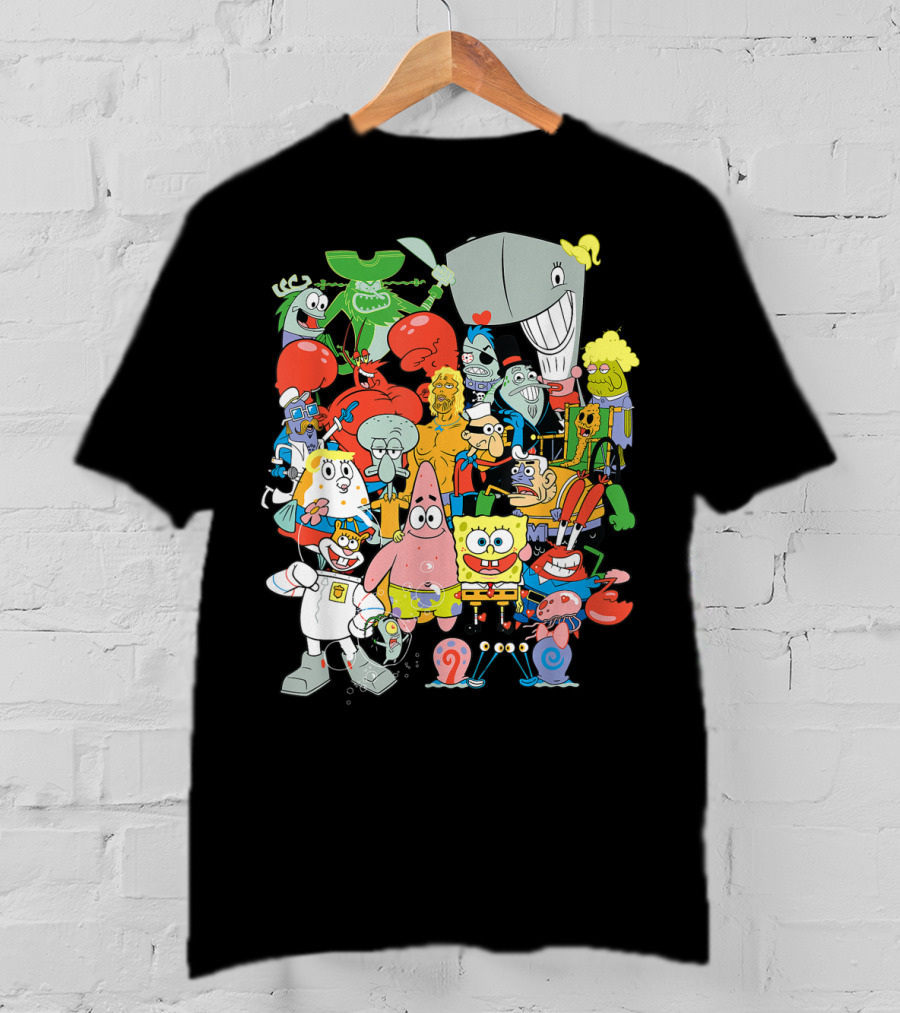 SpongeBob SquarePants Character Collage Featuring Patrick, Squidward, Sandy, Mr. Krabs, Plankton, And More T-Shirt